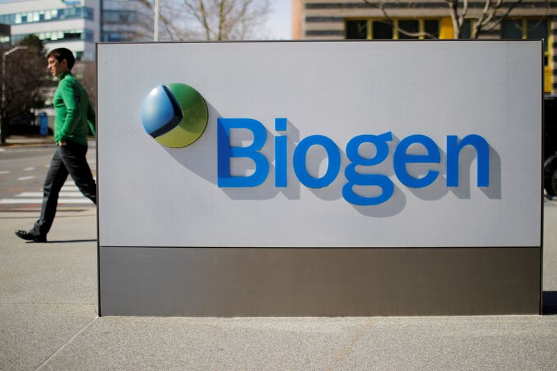 &copy; Reuters. FILE PHOTO: A sign marks a Biogen facility, some of whose employees have tested positive for the coronavirus after attending a meeting in Boston, in Cambridge, Massachusetts, U.S., March 9, 2020.   REUTERS/Brian Snyder/File Photo