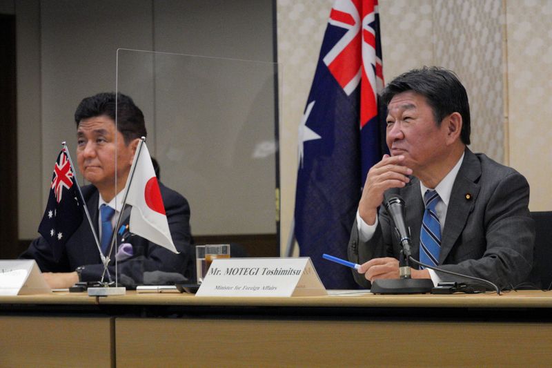 &copy; Reuters. 　６月９日、日本とオーストラリアの外相、防衛相による２プラス２の会合が、テレビ会議方式で行われ、台湾海峡の平和と安定の重要性を確認した。東京都で、代表撮影（２０２１年　ロ