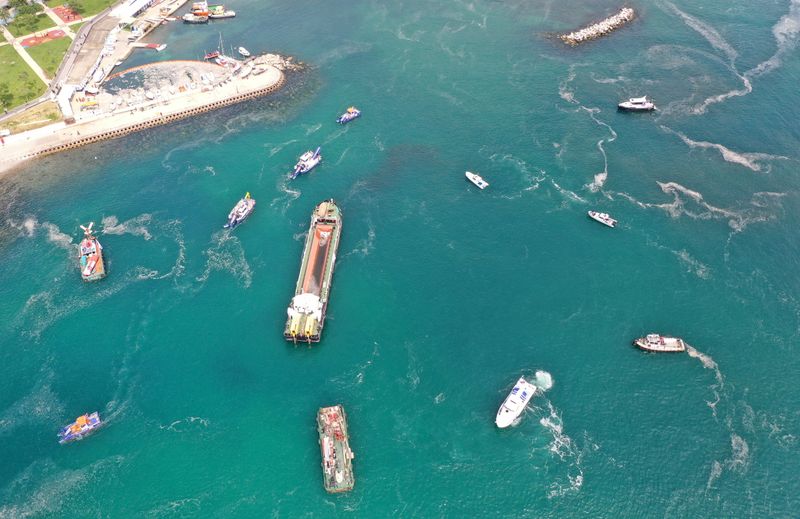 &copy; Reuters. Aerial view of cleaning vessels and boats sailing through the sea covered with a plague of sea snot, a thick slimy layer of the organic matter also known as marine mucilage, spreading through the Sea of Marmara and posing a threat to marine life and the f