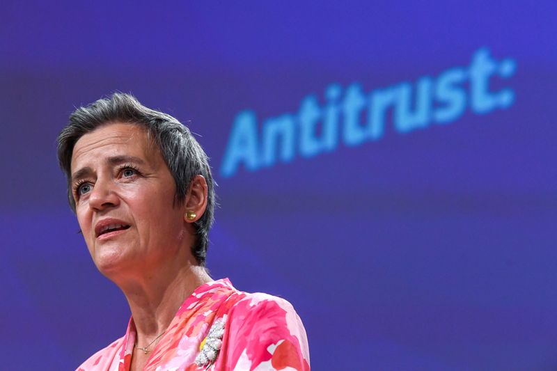 © Reuters. European Commissioner for Europe fit for the Digital Age Margrethe Vestager speaks during a news conference on a competition sector inquiry at the EU headquarters in Brussels, Belgium June 9, 2021. John Thys/Pool via REUTERS