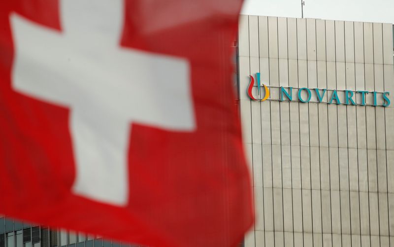 &copy; Reuters. FILE PHOTO: Switzerland's national flag flies in front of the logo of Swiss drugmaker Novartis in Basel, Switzerland, January 30, 2019. REUTERS/Arnd Wiegmann
