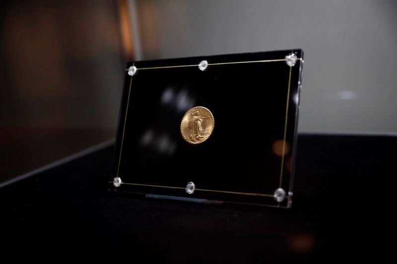 &copy; Reuters. The 1933 Double Eagle coin is seen encased during a media preview before auction at Sotheby's in New York City, U.S., June 4, 2021. REUTERS/Shannon Stapleton