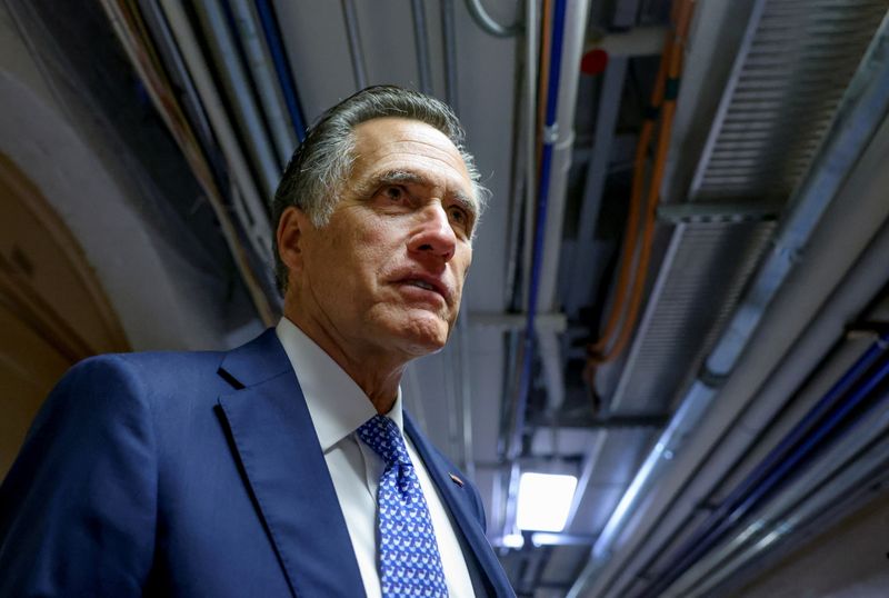 &copy; Reuters. U.S. Senator Mitt Romney (R-UT) looks on as he departs after attending a bipartisan work group meeting on an infrastructure bill at the U.S. Capitol in Washington, U.S., June 8, 2021. REUTERS/Evelyn Hockstein