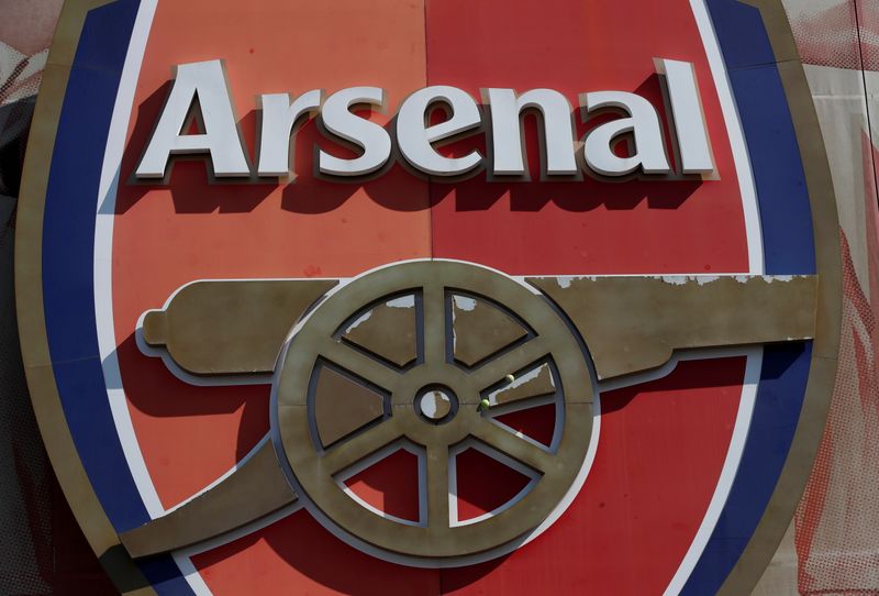 &copy; Reuters. FILE PHOTO: Soccer Football - The Arsenal logo is seen at the Emirates Stadium as twelve of Europe's top football clubs launch a breakaway Super League - London, Britain - April 19, 2021  REUTERS/Paul Childs
