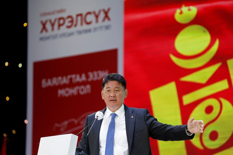 &copy; Reuters. FILE PHOTO: Ukhnaa Khurelsukh, presidential candidate of the Mongolian People's Party, attends a campaign rally ahead of the presidential election, in Ulaanbaatar, Mongolia June 5, 2021. Picture taken June 5, 2021. REUTERS/B. Rentsendorj