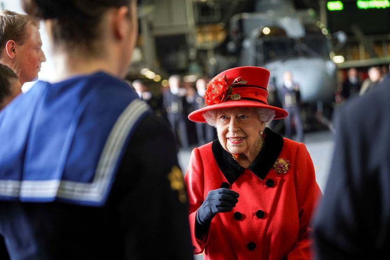 &copy; Reuters. Britain's Queen Elizabeth visits HMS Queen Elizabeth ahead of the ship's maiden deployment at HM Naval Base in Portsmouth, Britain May 22, 2021. Steve Parsons/PA Wire/Pool via REUTERS