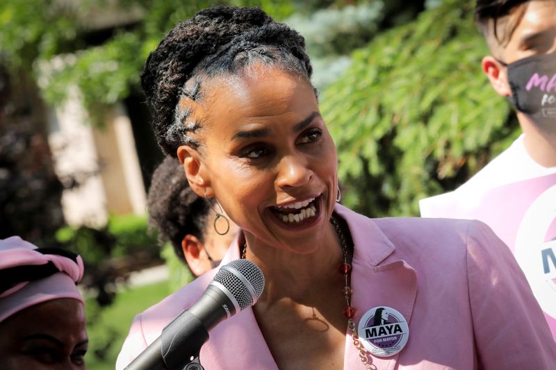 &copy; Reuters. FILE PHOTO: Democratic candidate for New York City Mayor Maya Wiley speaks to voters and media while campaigning at the Co-op City housing complex in the Bronx borough of New York City, New York, U.S., June 7, 2021. REUTERS/Mike Segar/File Photo
