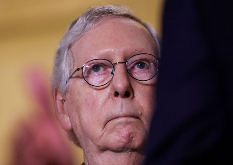 &copy; Reuters. FILE PHOTO: U.S. Senate Minority Leader Mitch McConnell (R-KY) faces reporters after the weekly Senate Republican caucus policy luncheon on Capitol Hill in Washington, U.S., June 8, 2021. REUTERS/Evelyn Hockstein