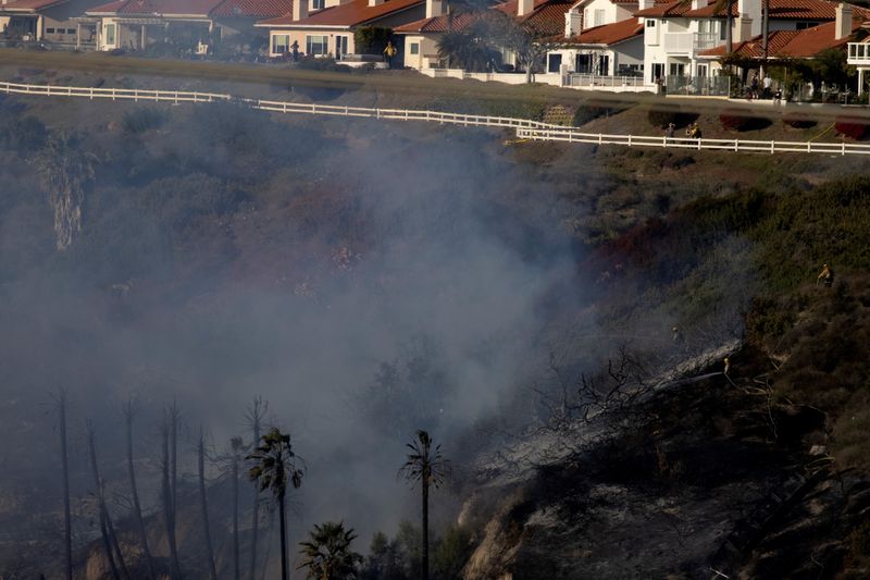 &copy; Reuters. FILE PHOTO: Firefighters battle the wind driven wildfire in Carlsbad, California, U.S., January 20, 2021. REUTERS/Mike Blake
