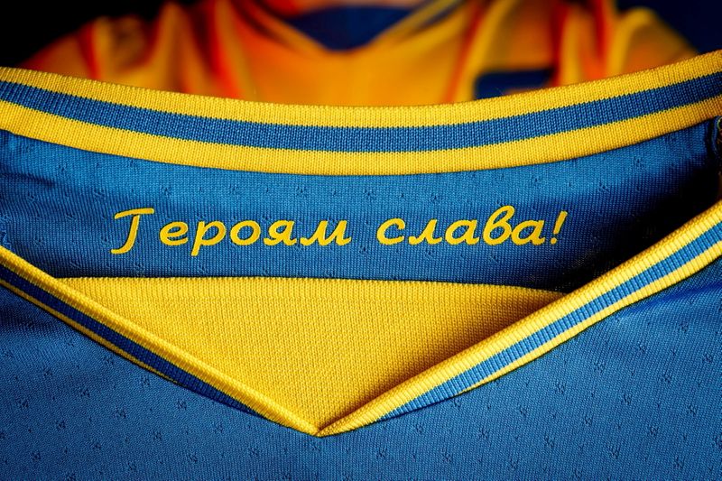 &copy; Reuters. FILE PHOTO: A slogan reads "Glory to the heroes!" on Ukraine's new national team shirt unveiled on June 6, ahead of the Euro 2020, is seen in a picture published June 6, 2021 on the Facebook page of the head of the Ukrainian football association. Courtesy