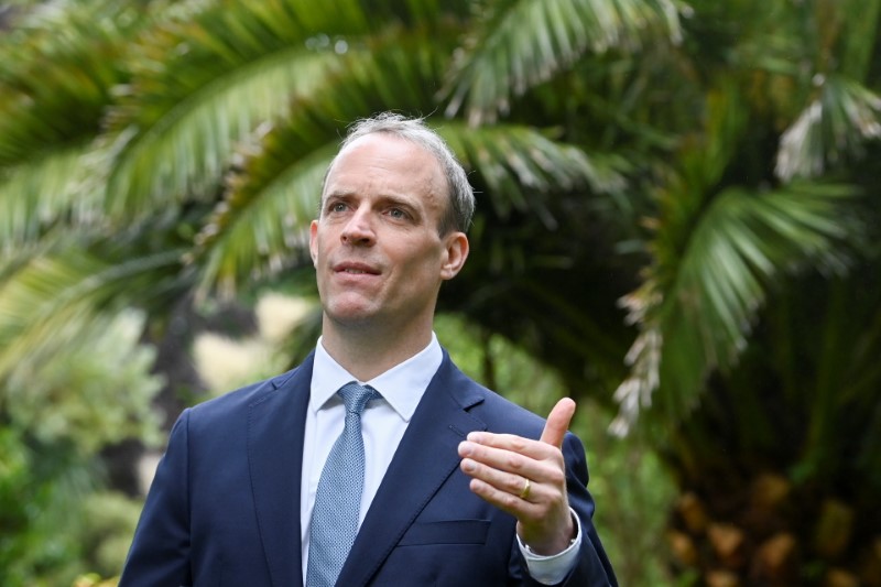 &copy; Reuters. Britain's Foreign Secretary Dominic Raab gestures during an interview with Reuters on the sidelines of G7 summit in Carbis Bay, Cornwall, Britain, June 11, 2021. REUTERS/Toby Melville