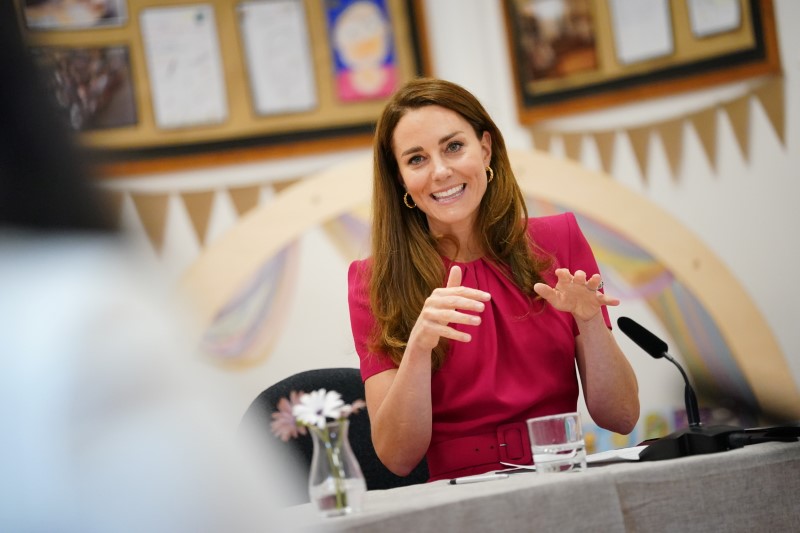 © Reuters. Britain's Catherine, Duchess of Cambridge, participates in a round table on early education during a visit to Connor Downs Academy, in Hayle, Cornwall, Britain, June 11, 2021. Aaron Chown/Pool via REUTERS