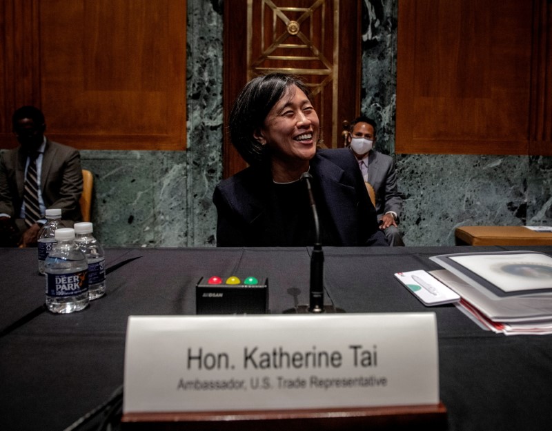 &copy; Reuters. FILE PHOTO: U.S. Trade Representative Katherine Tai smiles after testifying before the Senate Appropriations Subcommittee on Commerce, Justice, Science, and Related Agencies on Capitol Hill, in Washington, U.S., April 28, 2021. Bill O'Leary/Pool via REUTE