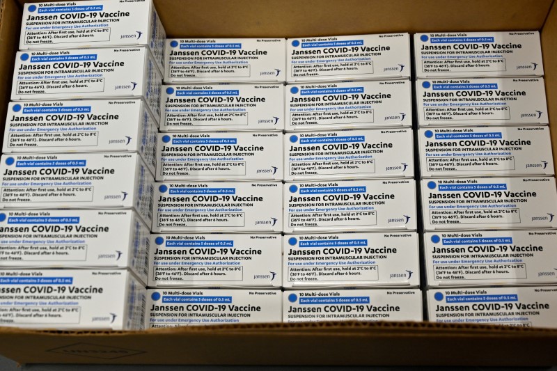 &copy; Reuters. FILE PHOTO: Boxes of the Johnson & Johnson COVID-19 vaccine are seen at the McKesson Corporation, amid the coronavirus disease outbreak, in Shepherdsville, U.S., March 1, 2021. Timothy D. Easley/Pool via REUTERS/File Photo