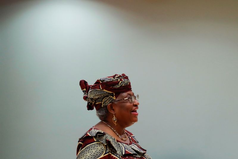 &copy; Reuters. FILE PHOTO: World Trade Organization Director-General Ngozi Okonjo-Iweala speaks during a European Union Foreign Trade ministers meeting at the European Council headquarters in Brussels, Belgium May 20, 2021. Francisco Seco/Pool via REUTERS