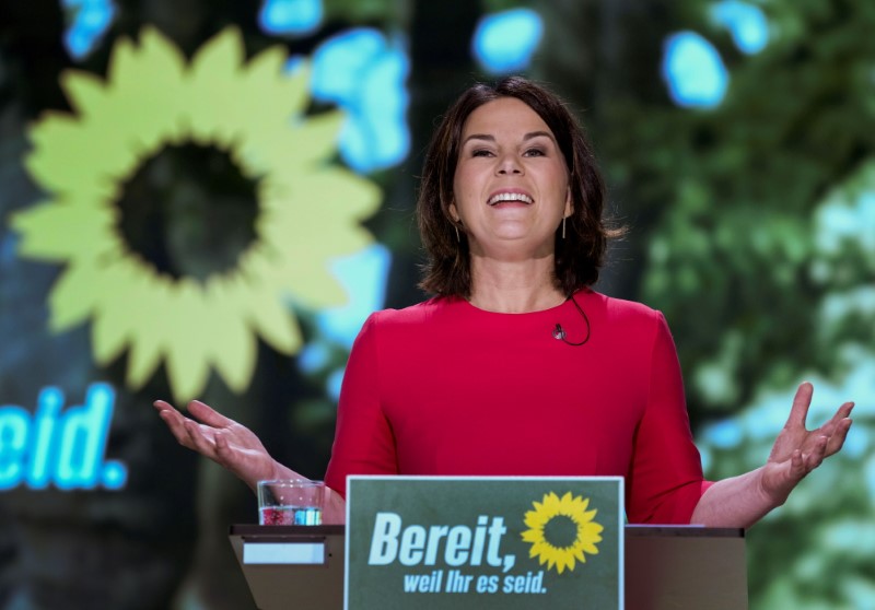 &copy; Reuters. Germany's Green Party co-chairwoman Annalena Baerbock delivers a speech after being nominated as the party's chancellor candidate during a party convention in Berlin, Germany, June 12, 2021. Michael Sohn/Pool via REUTERS