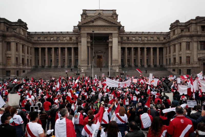 &copy; Reuters. Supporters of Peru's presidential candidate Keiko Fujimori gather outside the Palace of Justice, the seat of Peru's Supreme Court, during a demonstration in Lima, Peru June 12, 2021.  REUTERS/Alessandro Cinque