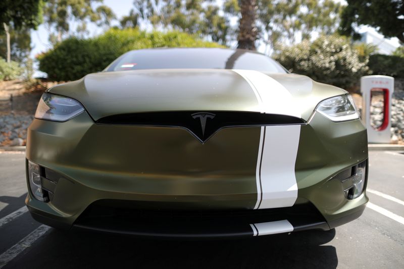 &copy; Reuters. FILE PHOTO: A Tesla car is seen in Los Angeles, California, U.S., July 9, 2020.  REUTERS/Lucy Nicholson/File Photo