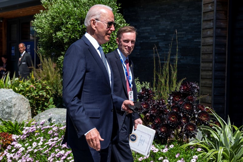 &copy; Reuters. U.S. President Joe Biden walks with National Security Advisor Jake Sullivan as he arrives for the final session of the G7 summit in Carbis Bay, Cornwall, Britain, June 13, 2021. Doug Mills/Pool via REUTERS