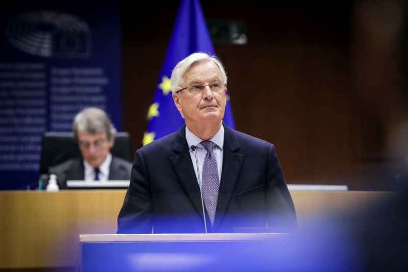 &copy; Reuters. FILE PHOTO: Head of the Task Force for Relations with the UK, Michel Barnier attendsthe debate on EU-UK trade and cooperation agreement during the second day of a plenary session at the European Parliament in Brussels, Belgium April 27, 2021. Olivier Hosl