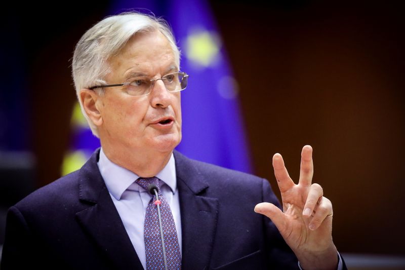 &copy; Reuters. FILE PHOTO:  Head of the Task Force for Relations with the UK, Michel Barnier speaks during the debate on EU-UK trade and cooperation agreement during the second day of a plenary session at the European Parliament in Brussels, Belgium April 27, 2021. Oliv