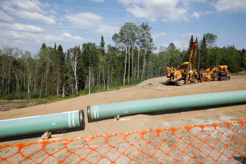 &copy; Reuters. FILE PHOTO: The Enbridge Line 3 pipeline is pictured in place to be buried near Park Rapids on the second day of the Treaty People Gathering, an organized protest of the Line 3 pipeline, built by Enbridge Energy, in Park Rapids, Minnesota, U.S., June 6, 2