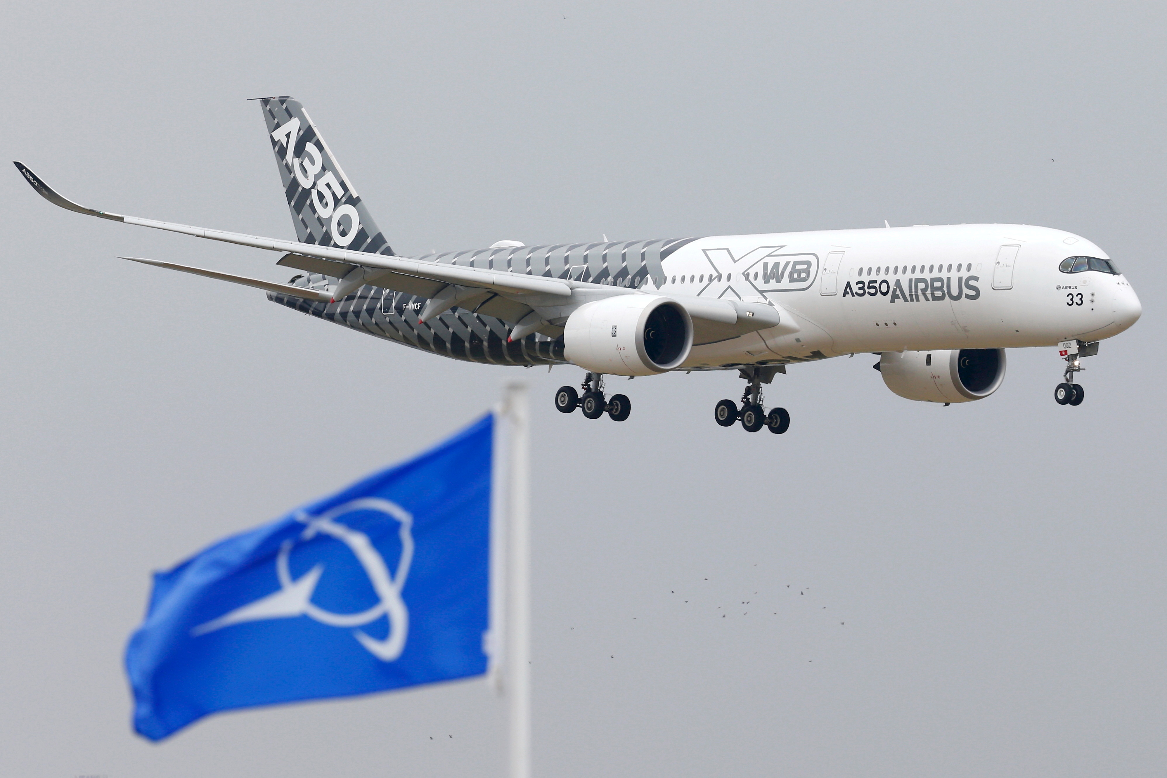 &copy; Reuters. FILE PHOTO: An Airbus A350 jetliner flies over Boeing flags as it lands after a flying display during the 51st Paris Air Show at Le Bourget airport near Paris, June 15, 2015. REUTERS/Pascal Rossignol