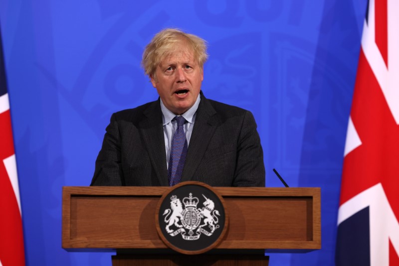 &copy; Reuters. Primeiro-ministro britânico,  Boris Johnson, dá coletiva sobre medidas de restrição no enfrentamento à pandemia de Covid-19
14/06/2021
Jonathan Buckmaster/Pool via REUTERS