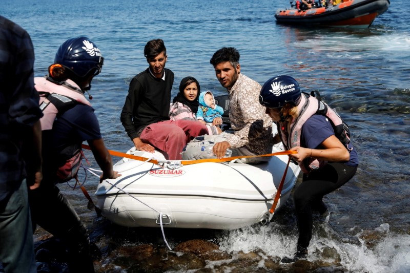 &copy; Reuters. FILE PHOTO: A small inflatable boat carrying migrants from Afghanistan is towed by rescuers of the Refugee Rescue NGO, near Skala Sikamias, on the island of Lesbos, Greece, September 16, 2019. REUTERS/Giorgos Moutafis/File Photo