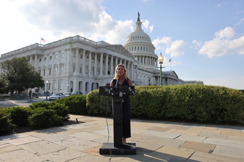 &copy; Reuters. Representative Marjorie Taylor Greene (R-GA) holds a press conference outside the U.S. Capitol following a private visit to the Holocaust Museum, to express contrition for previous remarks about Jewish people, in Washington, U.S. June 14, 2021. REUTERS/Ev