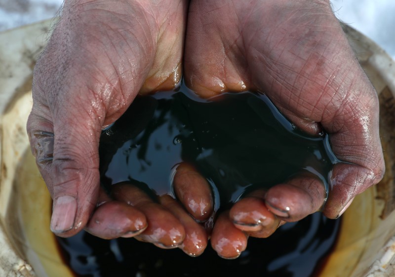 &copy; Reuters. FILE PHOTO:  An employee demonstrates a sample of crude oil in the Yarakta Oil Field, owned by Irkutsk Oil Company (INK), in Irkutsk Region, Russia in this picture illustration taken March 11, 2019. REUTERS/Vasily Fedosenko/Illustration/File photo