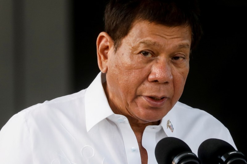 &copy; Reuters. FILE PHOTO: Philippine President Rodrigo Duterte speaks during the arrival ceremony for the first COVID-19 vaccines to arrive in the country, at Villamor Air Base in Pasay, Metro Manila, Philippines, February 28, 2021. REUTERS/Eloisa Lopez/File Photo