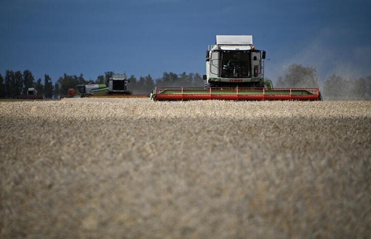 &copy; Reuters. Combines harvest wheat in a field of Triticum farm in Omsk region, Russia September 16, 2020. Picture taken September 16, 2020.  REUTERS/Alexey Malgavko