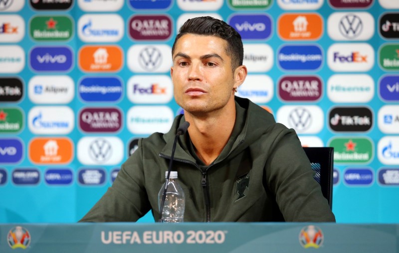 &copy; Reuters. Cristiano Ronaldo durante entrevista da Euro 2020 na Puskas Arena, Budapeste
14/6/ 2021 UEFA/via REUTERS 