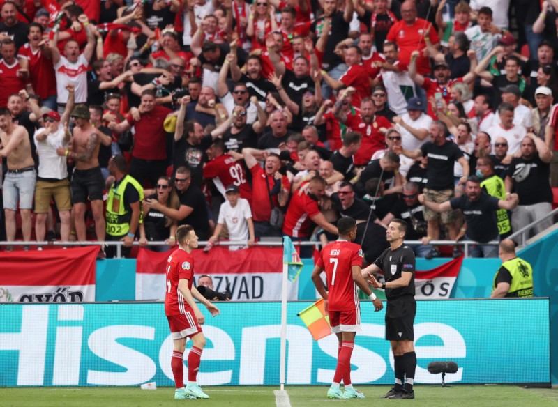 &copy; Reuters. الجماهير في ملعب بوشكاش تتفاعل مع متابعة مباراة المجر والبرتغال في بطولة أوروبا لكرة القدم يوم الثلاثاء. تصوير: رويترز.