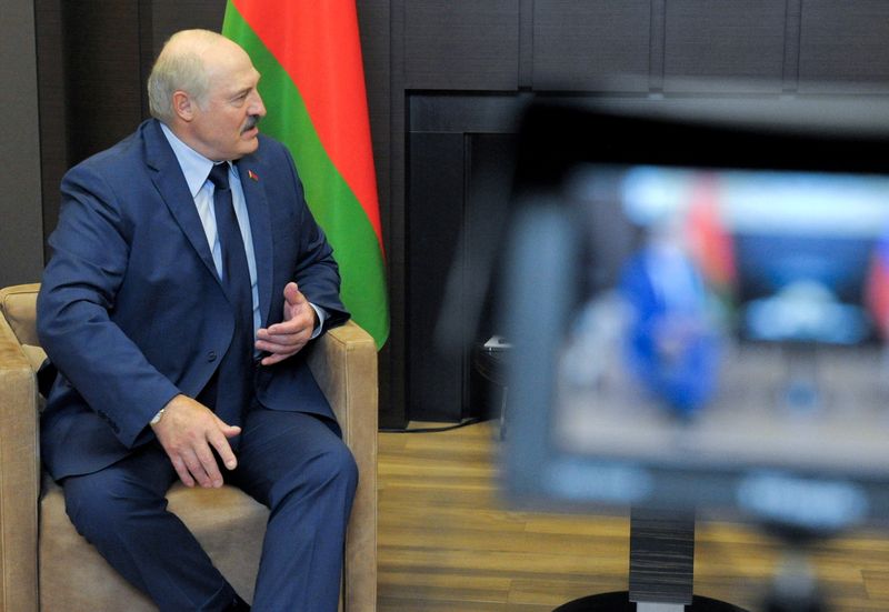 &copy; Reuters. FILE PHOTO: Belarusian President Alexander Lukashenko is seen during a meeting with Russian President Vladimir Putin in Sochi, Russia May 28, 2021. Sputnik/Mikhail Klimentyev/Kremlin via REUTERS ATTENTION EDITORS - THIS IMAGE WAS PROVIDED BY A THIRD PART