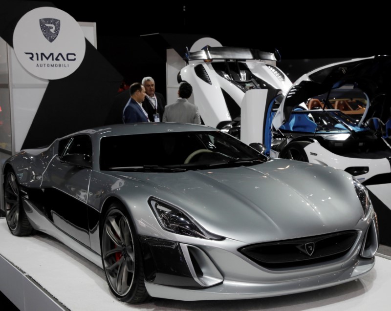 &copy; Reuters. FILE PHOTO: A Rimac Automobili Concept_One electric supercar, worth $1.2 million and one of only eight made, is displayed at the 2017 New York International Auto Show in New York City, U.S. April 13, 2017. REUTERS/Lucas Jackson/File Photo