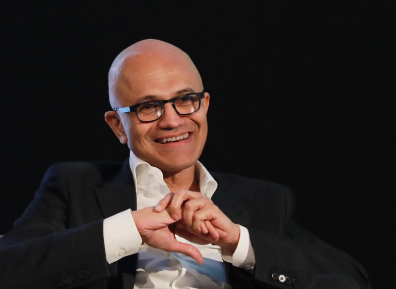&copy; Reuters. FILE PHOTO: Satya Nadella, Chief Executive Officer of Microsoft, reacts as he attends Microsoft's 'Young Innovators' Summit' in New Delhi, India February 26, 2020. REUTERS/Anushree Fadnavis