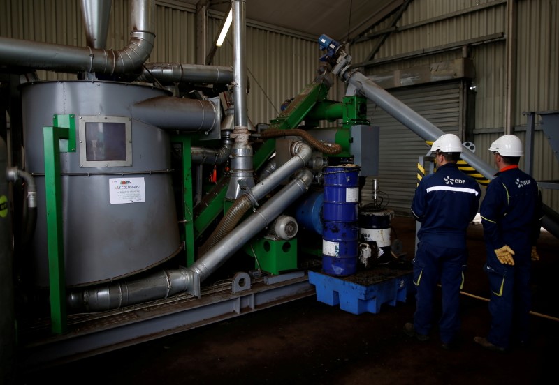 © Reuters. FILE PHOTO: Employees of the Electricite de France (EDF) work on a prototype manufacturing densified biomass pellets at the Electricite de France (EDF) coal-fired power plant in Cordemais, near Nantes, France, March 21, 2019. REUTERS/Stephane Mahe/File Photo