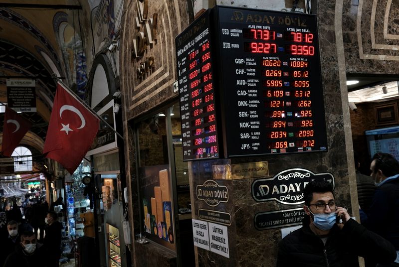 &copy; Reuters. A board shows the currency exchange rates outside an exchange office in Istanbul, Turkey March 22, 2021. REUTERS/Murad Sezer