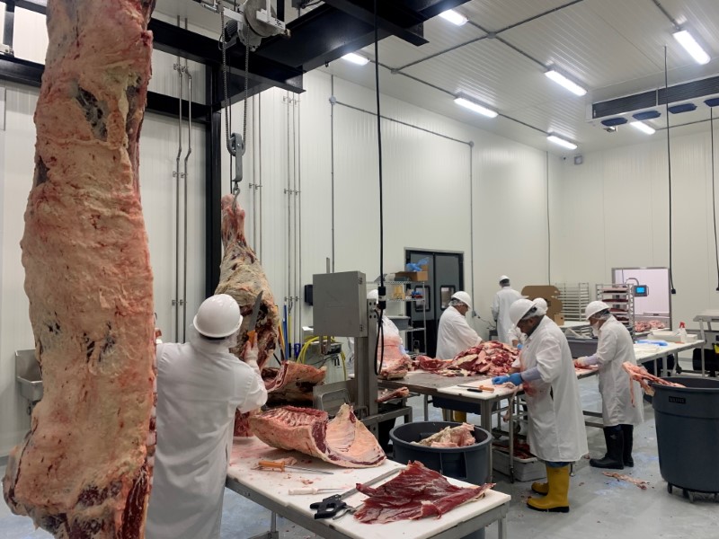 © Reuters. Workers use knives to butcher cattle carcasses at a new Hertzog Meat Co beef plant, in Butler, Missouri, U.S., June 14, 2021. Picture taken June 14, 2021.  Todd Hertzog/Handout via REUTERS.   