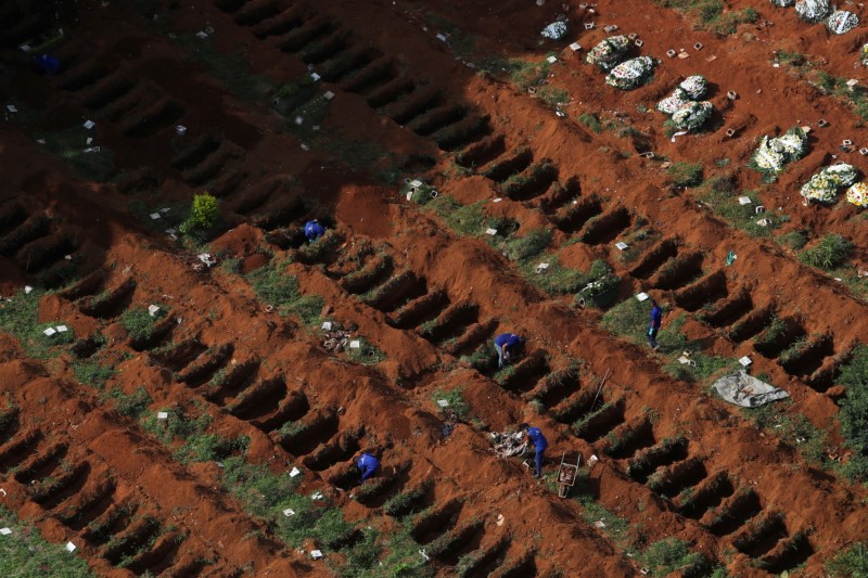 © Reuters. FILE PHOTO: Gravediggers open new graves as the number of dead rose after the coronavirus disease (COVID-19) outbreak, at Vila Formosa cemetery, Brazil's biggest cemetery, in Sao Paulo, Brazil, April 2, 2020. REUTERS/Amanda Perobelli/File Photo