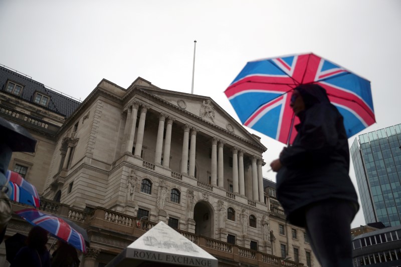 &copy; Reuters. FILE PHOTO: A pedestrian shelters under a Union Flag umbrella in front of the Bank of England, in London, Britain August 16, 2018.  REUTERS/ Hannah McKay