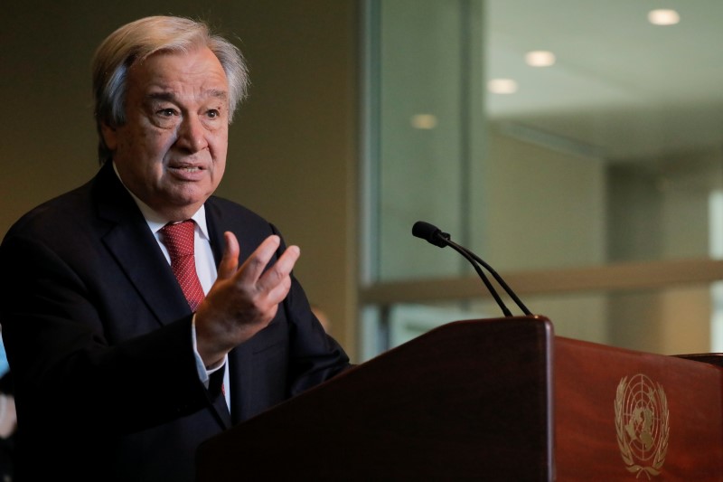 &copy; Reuters. U.N. Secretary-General Antonio Guterres speaks as U.N. General Assembly appointed him for a second five-year term from January 1, 2022, in New York City, New York, U.S., June 18, 2021. REUTERS/Andrew Kelly