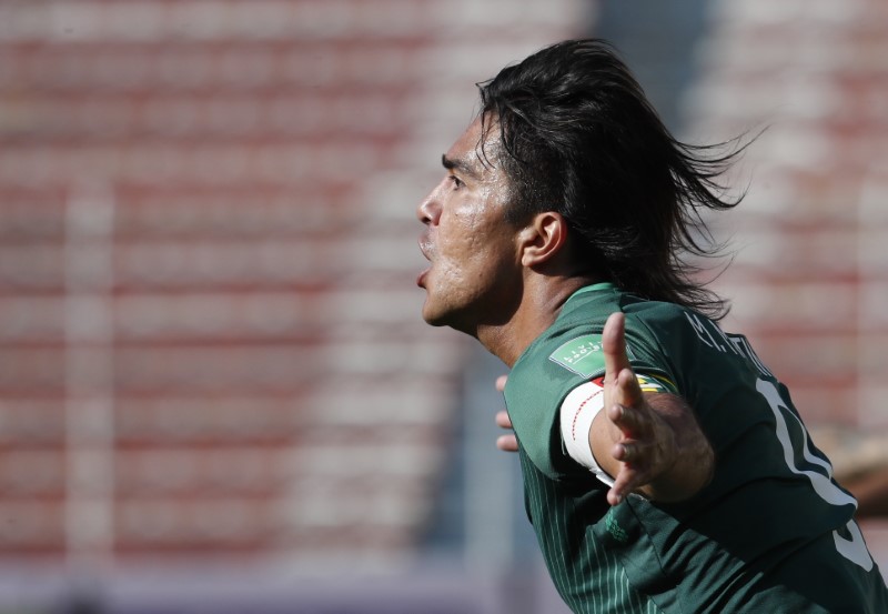 &copy; Reuters. مارسيلو مارتنز مهاجم بوليفيا يحتفل بتسجيل الهدف الأول لفريقه في مباراة أمام الأرجنتين في تصفيات أمريكا الجنوبية المؤهلى ل:اس العالم 2022 في ي