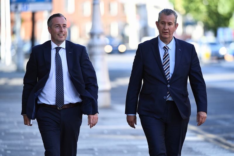 &copy; Reuters. FILE PHOTO: Leader of the Democratic Unionist Party (DUP) Edwin Poots and Paul Givan MLA arrive at the Government Buildings in Dublin, Ireland June 3, 2021. REUTERS/Clodagh Kilcoyne/File Photo