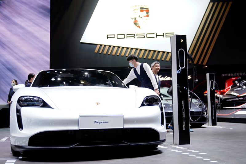 &copy; Reuters. FILE PHOTO: A Porsche Taycan electric vehicle (EV) is seen displayed during a media day for the Auto Shanghai show in Shanghai, China April 20, 2021. REUTERS/Aly Song