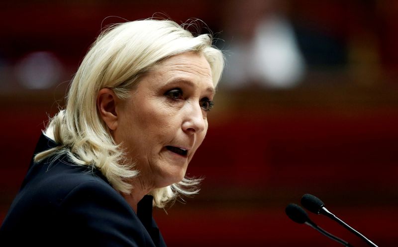 &copy; Reuters. FILE PHOTO: Marine Le Pen, member of parliament and leader of French far-right National Rally (Rassemblement National) party, delivers a speech during a debate on immigration at the National Assembly in Paris, France, October 7, 2019. REUTERS/Benoit Tessi
