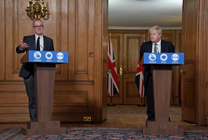 &copy; Reuters. FILE PHOTO: Britain's Prime Minister Boris Johnson watches Chief Scientific Adviser Sir Patrick Vallance speak during a press conference where he is expected to announce new restrictions to help combat the coronavirus disease (COVID-19) outbreak, at 10 Do