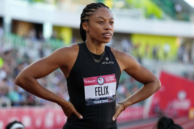 &copy; Reuters. Jun 19, 2021; Eugene, OR, USA; Allyson Felix reacts after placing second in womens 400m semifinal in 51.01 during the US Olympic Team Trials at Hayward Field. Mandatory Credit: Kirby Lee-USA TODAY Sports